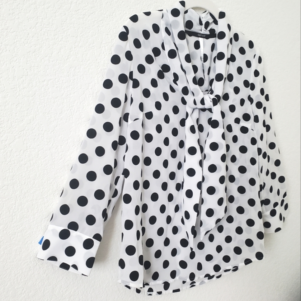 Kensie Semi-sheer Flocked Polka Dot Tie Neck Blouse Top 3/4 Sleeve Relaxed Fit - Picture 14 of 14